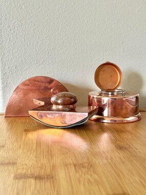 Antique Art Deco Copper Desk Set Inkwell Letter Holder and Rocker Ink Blotter